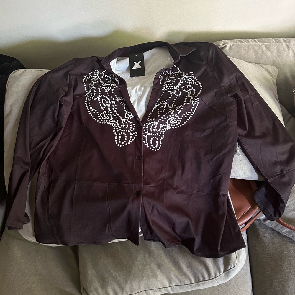 Plus Size Semi Formal Black Embroidery Shirt Collar Long Sleeve Satin Blouses